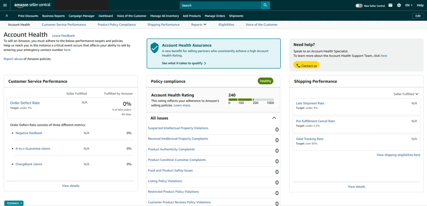 Redacted account health screenshot